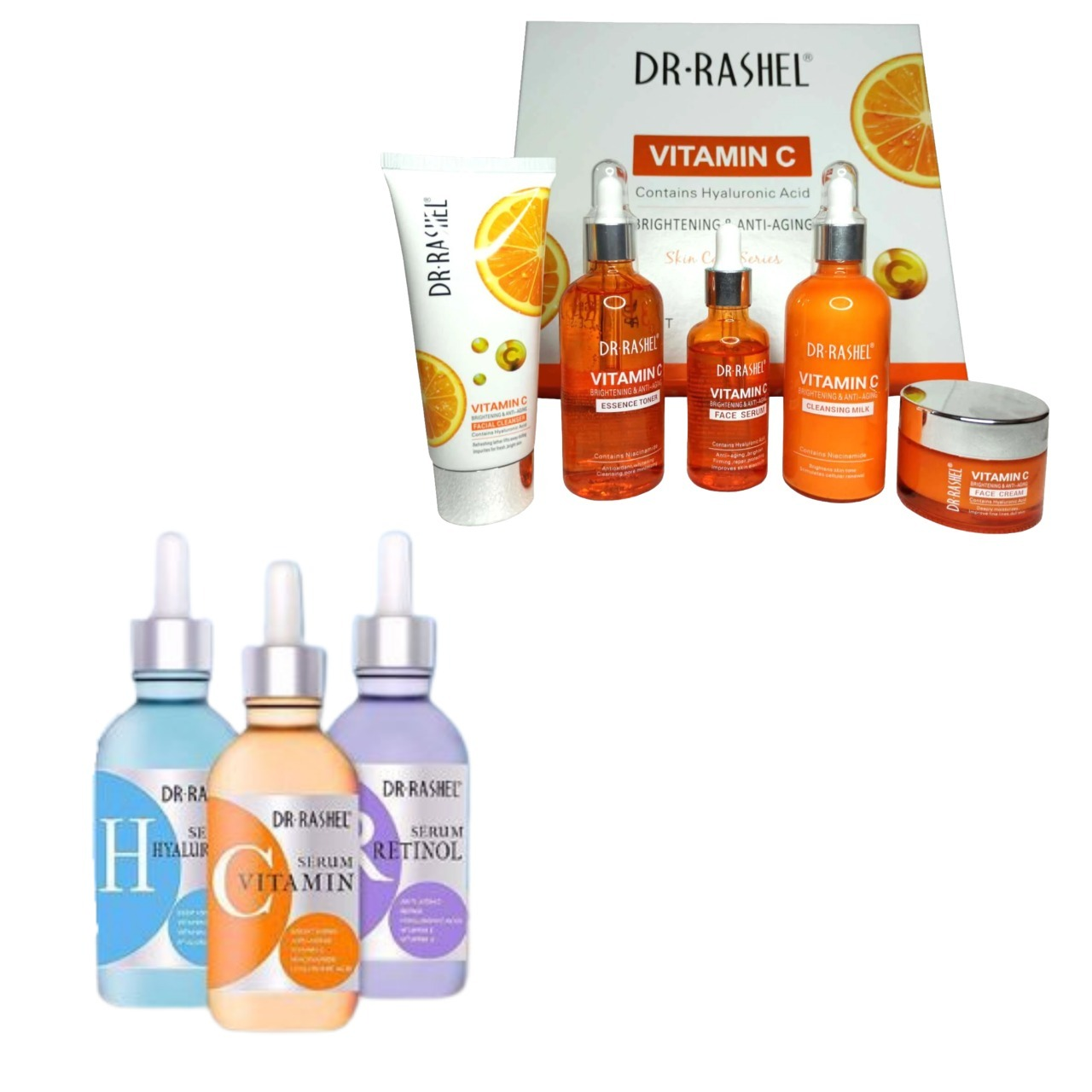 Combo - Dr. Rashel Vitamin C  Brightening & Anti Aging Skin Care Series 5 Piece Set & Dr. Rashel Complete Facial Serum Set 3 Pack