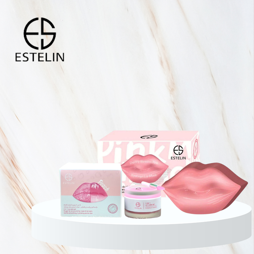 Combo - Estelin Cherry Blossom Pink Hydrogel Lip Mask & 3 in 1 Lip Care Set Peach